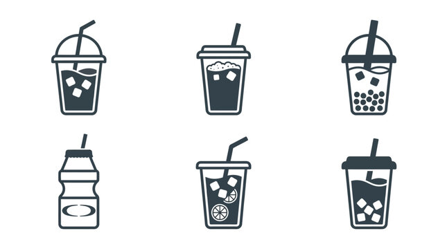 Flat vector icon pack including Thai tea, matcha drink, bubble milk tea, yakult bottle, iced lemon tea, and grass jelly beverage, monochrome solid color