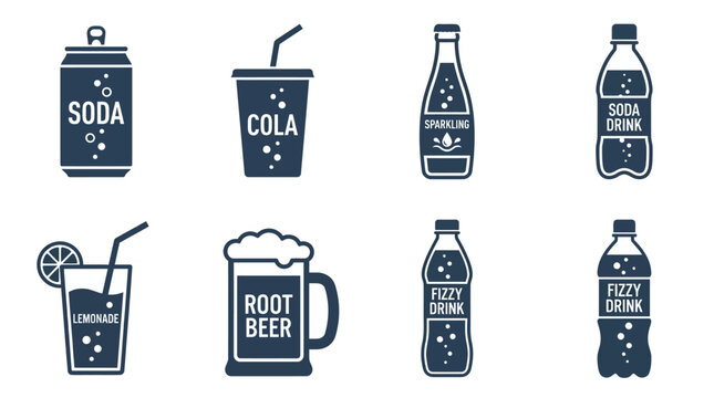 Flat vector icon set with soda can, cola cup, sparkling water bottle, lemonade glass, root beer mug, and fizzy drink bottle, solid monochrome color only