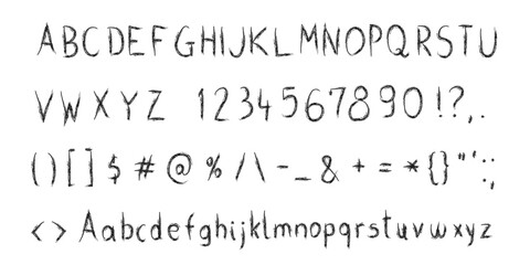 Naklejka premium Hand drawn pencil alphabet set. Full set of characters upper case and lower case - handwritten casual style lettering font. Vector font.