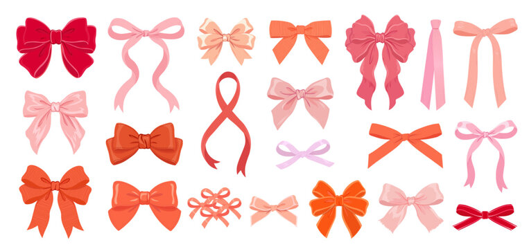 Set of various decorative pink and red ribbon bows, hand-drawn vector illustration isolated on white background.