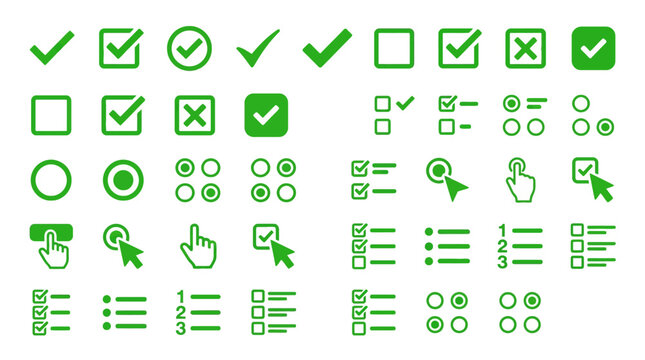 Collection of Green Checkmarks, Crosses, Radio Buttons, and List Icons