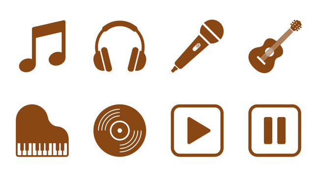 Music Icons Set: Guitar, Piano, Microphone, Headphones, Vinyl, Notes, Play, Pause