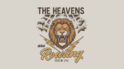 Vintage Christian roaring lion head with lightning and Psalm 19:1 scripture, retro graphic illustration for t-shirt design and faith-based branding. © Rizky Fadel