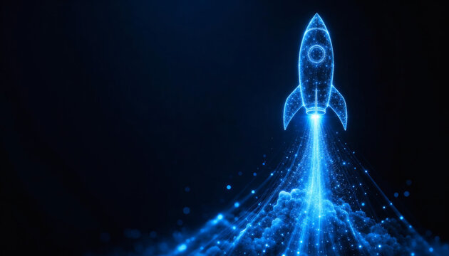 Digital rocket launch concept with glowing particles