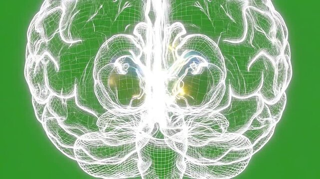 A glowing white wireframe human brain model rotates against a solid green background