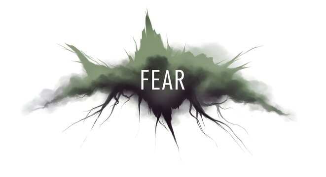 The word fear is written in clean white typography over a dark green smoky cloud formation with sharp jagged edges