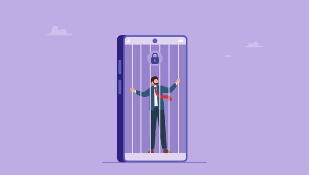 Businessman locked in behind a smartphone screen as the jail bars. Smartphone addiction concept.