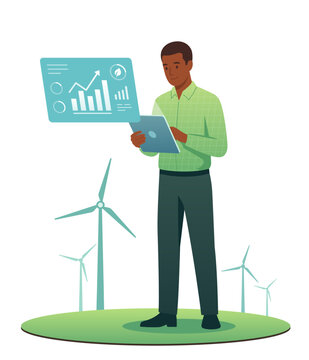 African American man holding a tablet with digital charts near wind turbines. Renewable energy data analytics and eco technology concept. Flat vector illustration isolated on white.