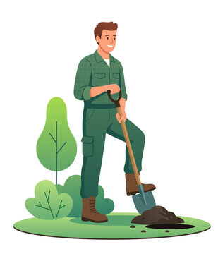 Smiling man in work clothes digging a hole with a shovel to plant a tree. Flat vector illustration of gardening, volunteering, or agricultural labor concept.