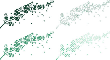 Fototapeta premium Elegant green floral branch vector set, blooming spring flower elements, delicate botanical design assets, nature-inspired graphic resources isolated on White Background