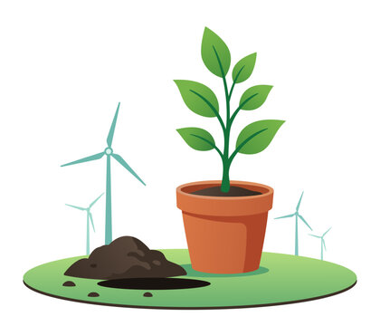 Potted green plant sapling next to a dug hole in the soil, ready for planting, with wind turbines in the background. Flat vector illustration of eco conservation and renewable energy concept.