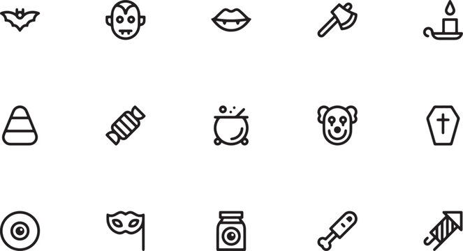 Creepy Halloween clown vampire and magic cauldron outline vector icons