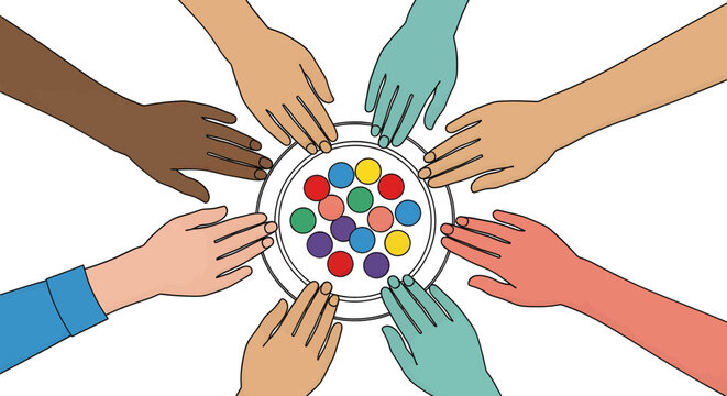 Diverse hands reaching for colorful items in a plate, symbolizing unity and sharing.