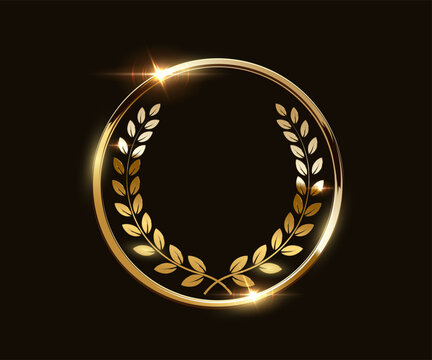 Gold award medal. Golden award winner emblem. Shiny round frame with wreath laurel and light sparkles on dark background for winners ceremony, branding, rewards. Luxury elegant vector illustration.
