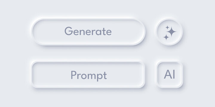 AI buttons with sparkle icon for intelligent interface design. Modern artificial intelligence element featuring elegant neumorphic style and creative tech symbol. Realistic vector illustration.