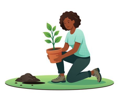 Young African American woman kneeling and holding a potted tree sapling ready for planting in the soil. Flat vector illustration of gardening and environmental conservation concept.