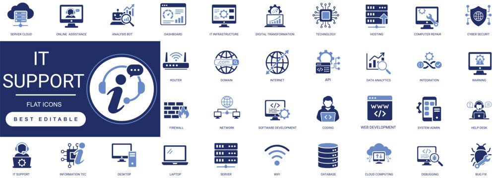 IT support solid icon set featuring technical assistance, computer repair network troubleshooting, customer service helpdesk, and online editable vector icons.