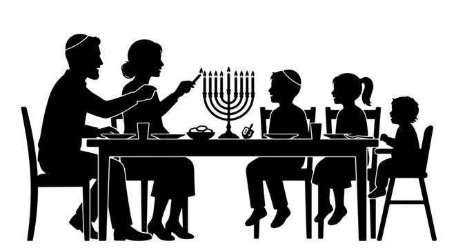Jewish family silhouette lighting Hanukkah menorah candles, traditional Chanukah holiday dinner celebration, black vector illustration on white background