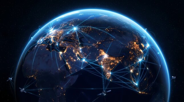 Global Network Connections Over Europe and Asia on Planet Earth at Night Viewed from Space**