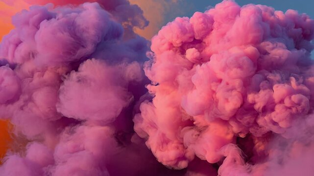 Vibrant pink and purple smoke plumes swirling against a colorful sky background