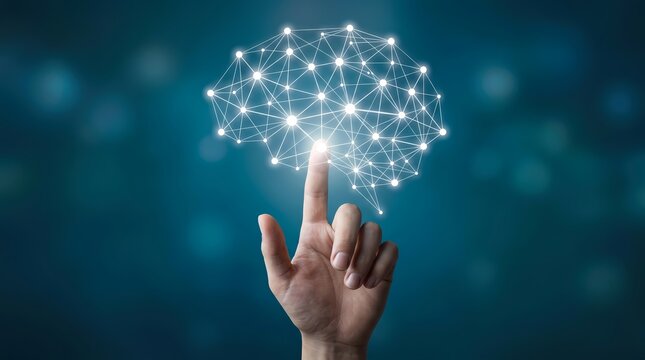 Hand Touching Digital Brain with Neural Network Nodes and Connections on Technology Background