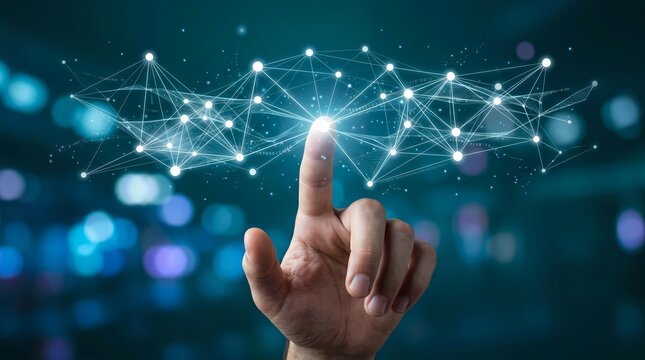 Businessman Touching Glowing Digital Network with Connected Nodes and Lines on Tech Background