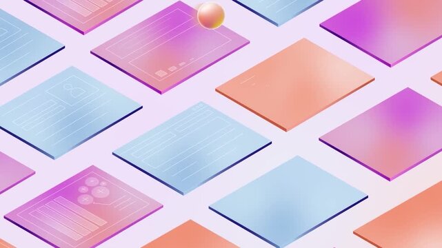 Isometric Grid of Colorful Interactive Web Dashboard Panels and UI Content Blocks 2D Animation