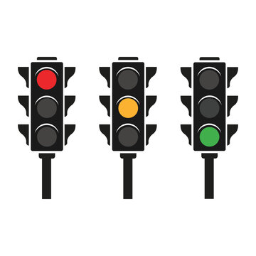 Three Traffic Lights Showing Red Yellow Green Signals on Black Poles Isolated