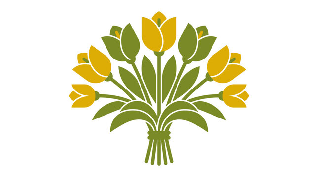 Stylized bouquet of yellow tulips and green leaves on white background
