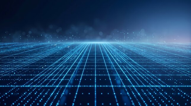 Glowing Blue Digital Grid Horizon with Particle Lines Extending into Virtual Cyberspace Background