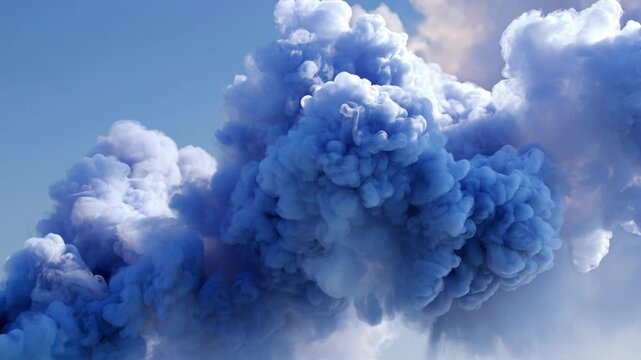 Dramatic blue smoke plumes rise against a clear sky