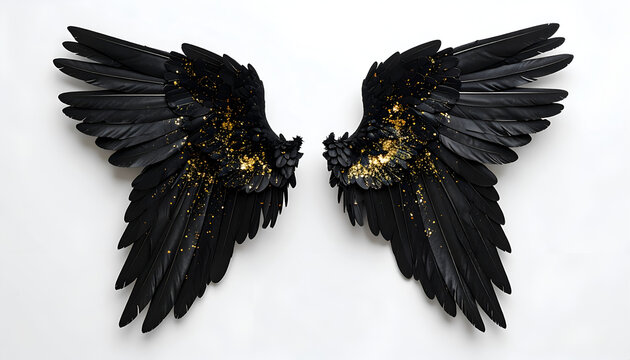 Exquisite Black Angel Wings with Golden Accents on White Background.
