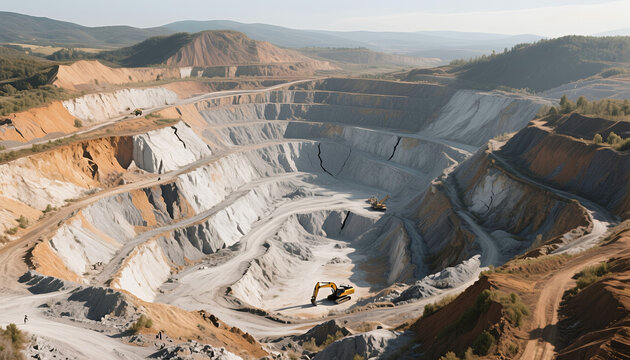 Open pit mining landscape with heavy machinery under clear sky  