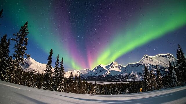 Vibrant aurora borealis dancing over snow covered mountains and pine forest