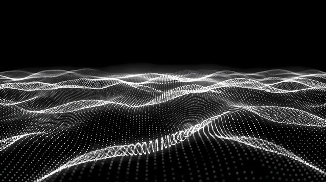 White Digital Particle Wave Grid Flowing on Dark Abstract Technology Background with Dots
