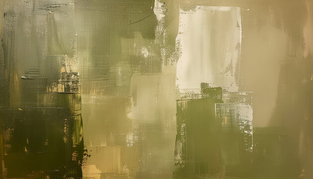 An abstract painting features textured layers of muted green and beige tones, creating a sense of depth and subtle complexity.