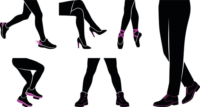 Legs and Shoes Silhouette Vector Set with Various Footwear Styles Including High Heels, Sneakers, Boots, and Ballet Slippers
