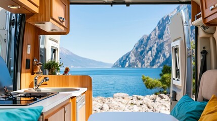 Obraz premium Modern camper van interior featuring wooden cabinets and a small kitchen, open rear doors facing a tranquil lakeside and mountain landscape