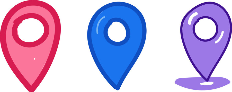 Set of three colorful map pointer location markers for navigation interface, Colorful navigation map markers pointer pins for location system