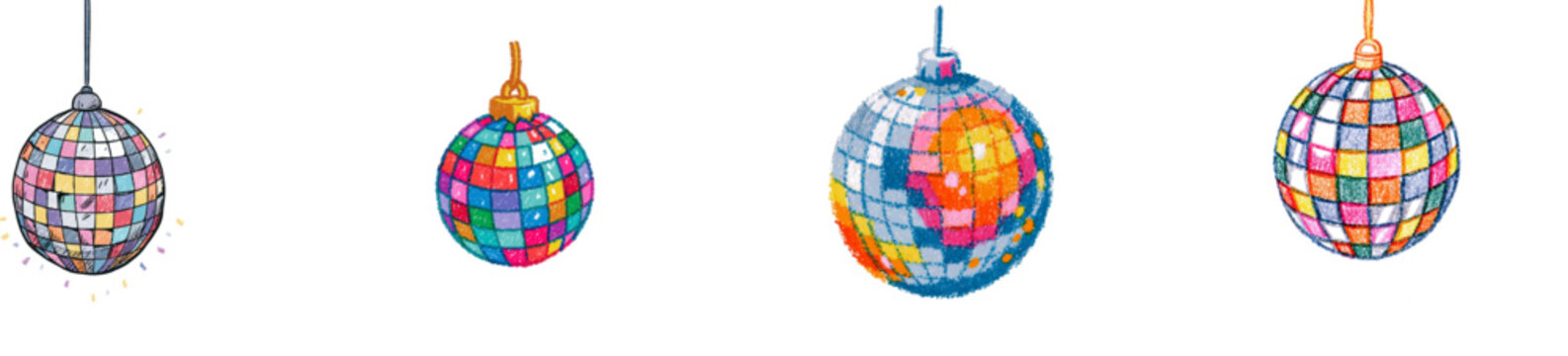 A whimsical, hand-drawn disco ball with colorful squares and confetti falls from the ceiling, casting tiny light reflections on a pure white background