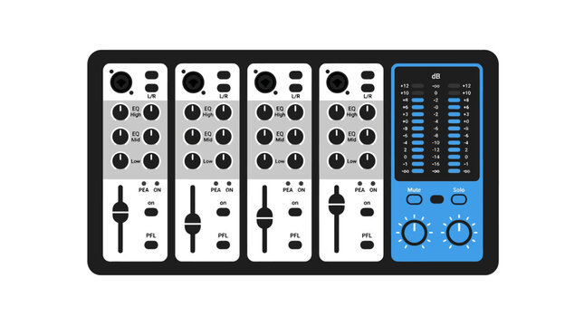 Audio Mixer Console with Faders, Knobs, and VU Meters - Top View
