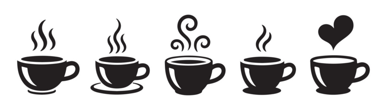 Set of five stylized coffee cups with steam and heart icon on checkered background.