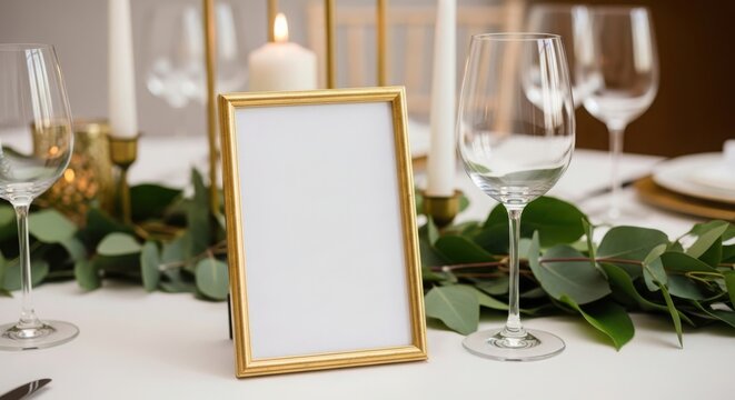 Elegant wedding table setting with gold frame and greenery