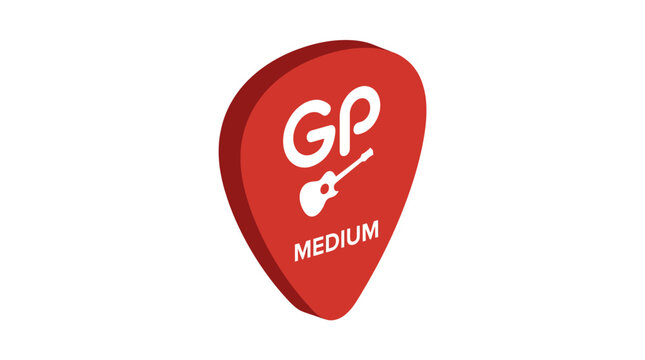 Red Guitar Pick with GP Logo and Medium Text, Isolated on White Background