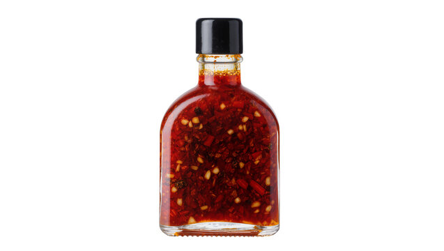 Glass bottle of spicy chili oil with flakes and seeds