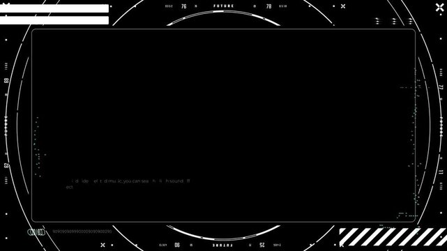 Futuristic interface with a large black screen and white lines and symbols on a black background with a circular design