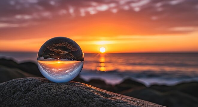 Clear sphere resting on rough stone captures an inverted ocean sunset scene.