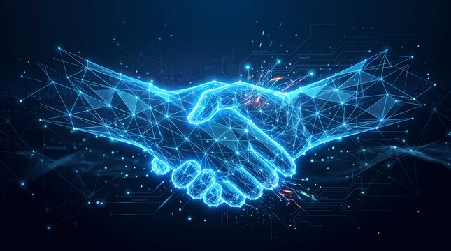 Futuristic Digital Handshake with Glowing Network Lines on Dark Blue Technology Background
