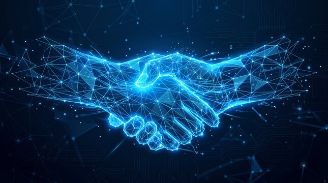 Digital Wireframe Handshake on Dark Blue Background Technology Business Partnership Concept
