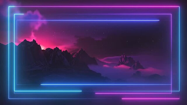 Futuristic neon frame surrounding a dark mountain landscape at night